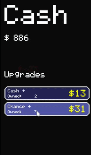 Animated gif of upgrades being purchased, showing jiggling buttons and animated text.