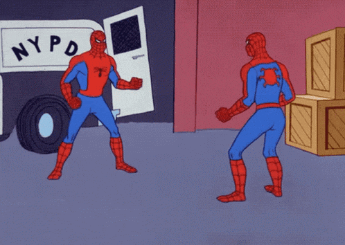 Imagem é um Gif com dois Homens-Aranha, apontando um para o outro e vice-versa.