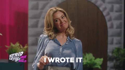 gif with woman curtseying - text says "I wrote it"