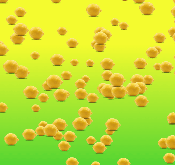 An animated GIF showing dozens of lemons falling in a cascade over and over again downwards, the background is a gradient from light yellow at the top bright green at the bottom. It has a very funny appearance