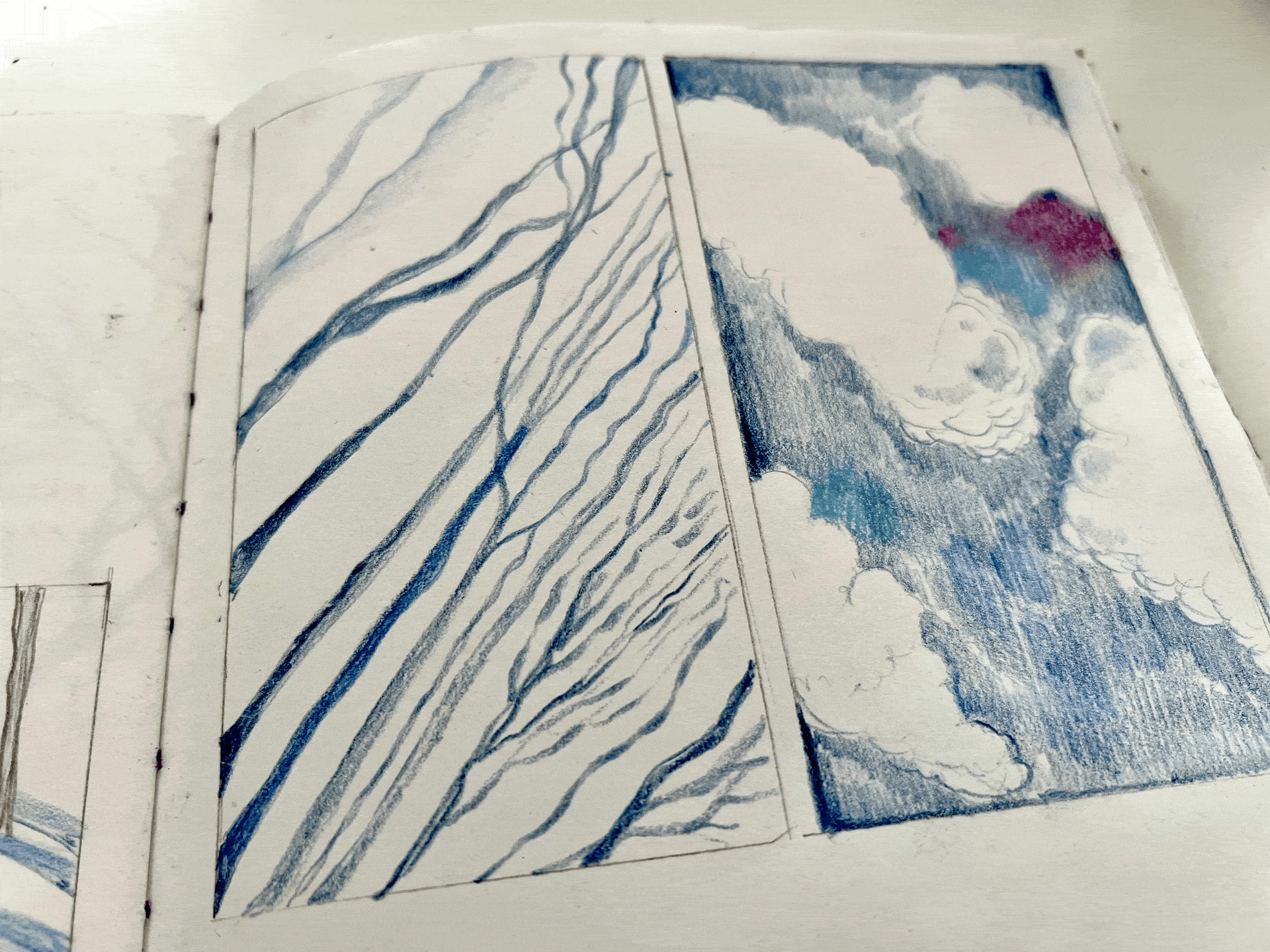 sketchbook pages from winter to spring to summer