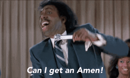 Gif mostra pastor de igreja, personagem de filme de Eddie Murphy, pregando e a legenda: Can I get an Amen!