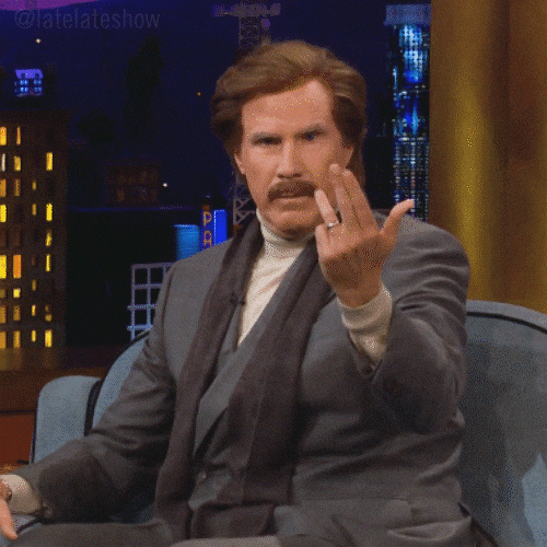 GIF of Will Ferrell on The Late Late Show, dressed as the character "Ron Burgandy", gesturing towards the camera to encourage people to come