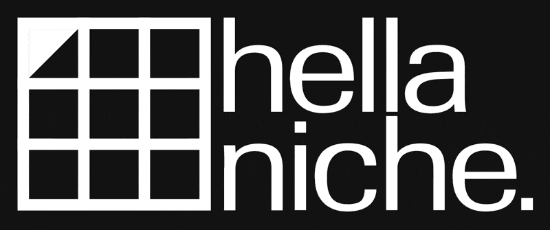 Animated hellaniche logo: a 3×3 grid scaffold cycling through different typographic and geometric marks in its cells, set next to the lowercase wordmark "hellaniche." in white on a black background.