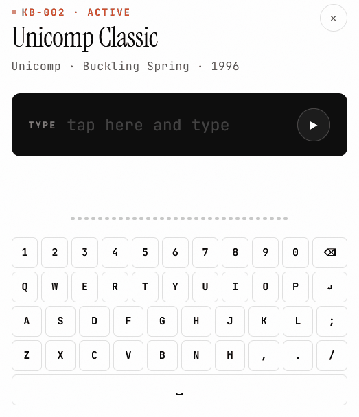 An animated gif of an app. It has a QWERTY keyboard, and above the keyboard is a black area. You can see someone typing on the keyboard because letters start getting highlighted in orange, and we see these words appear in the black area, letter by letter: "I can hear the sound of the keys". While the letters are being typed we see a sound wave rise and fall in orange, in between the keyboard and the black area