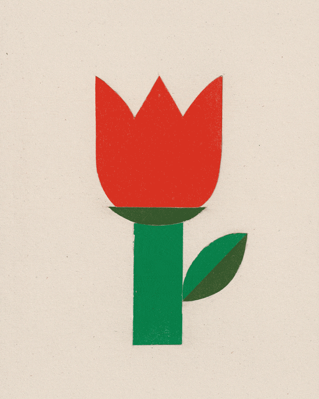 An animated GIF of a mosaic of a red Tulip with green leaves and a green stem. The mosaic is done in what looks like chunky pieces of cardboard, and as we watch, Small pieces of it are cut out and placed somewhere else on the image so that after a few seconds it looks like a big pile of dislocated colored segments. It's a very pretty trippy loop