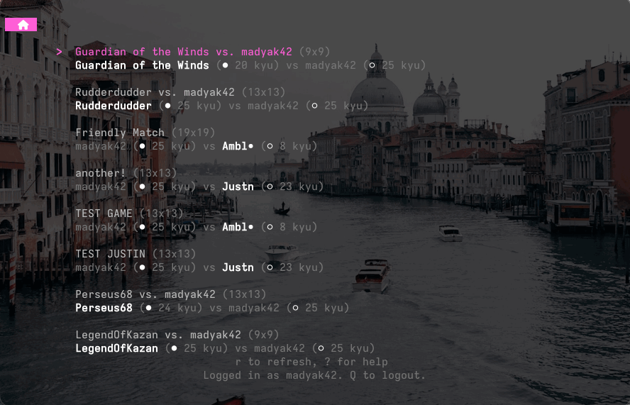 The GoGo terminal client in operation, showing lists of games, games in progress, and theming options