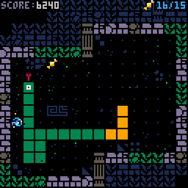 A colorful snake races around inside overgrown ruins eating candy and getting faster and faster