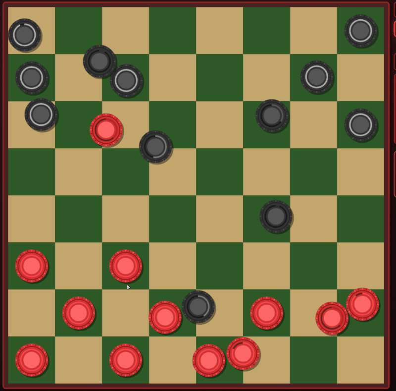 An animated gif showing how "Violent Checkers" works. It shows a checkers board in its Beginning state, with the red checkers on the bottom and the Black checkers on the top. A mouse touches a red piece and pulls backwards, creating a vector arrow that points from the red checker to a black checker. Then suddenly the player lets go and red checker zips forward and slams into the black checker and destroys it. For the next move, the other player drags on a black piece, creating a vector arrow pointing towards a red piece. then the player lets go and the black piece shoots forward and bounces off the red piece, and the collisions move several pieces around, almost like curling stones or billiard balls.