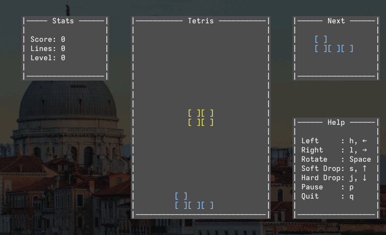 tetris-tui, by quantonganh on Github -- Tetris, being played in the terminal. One of the many, many open source Tetris builds out there in the corpus.