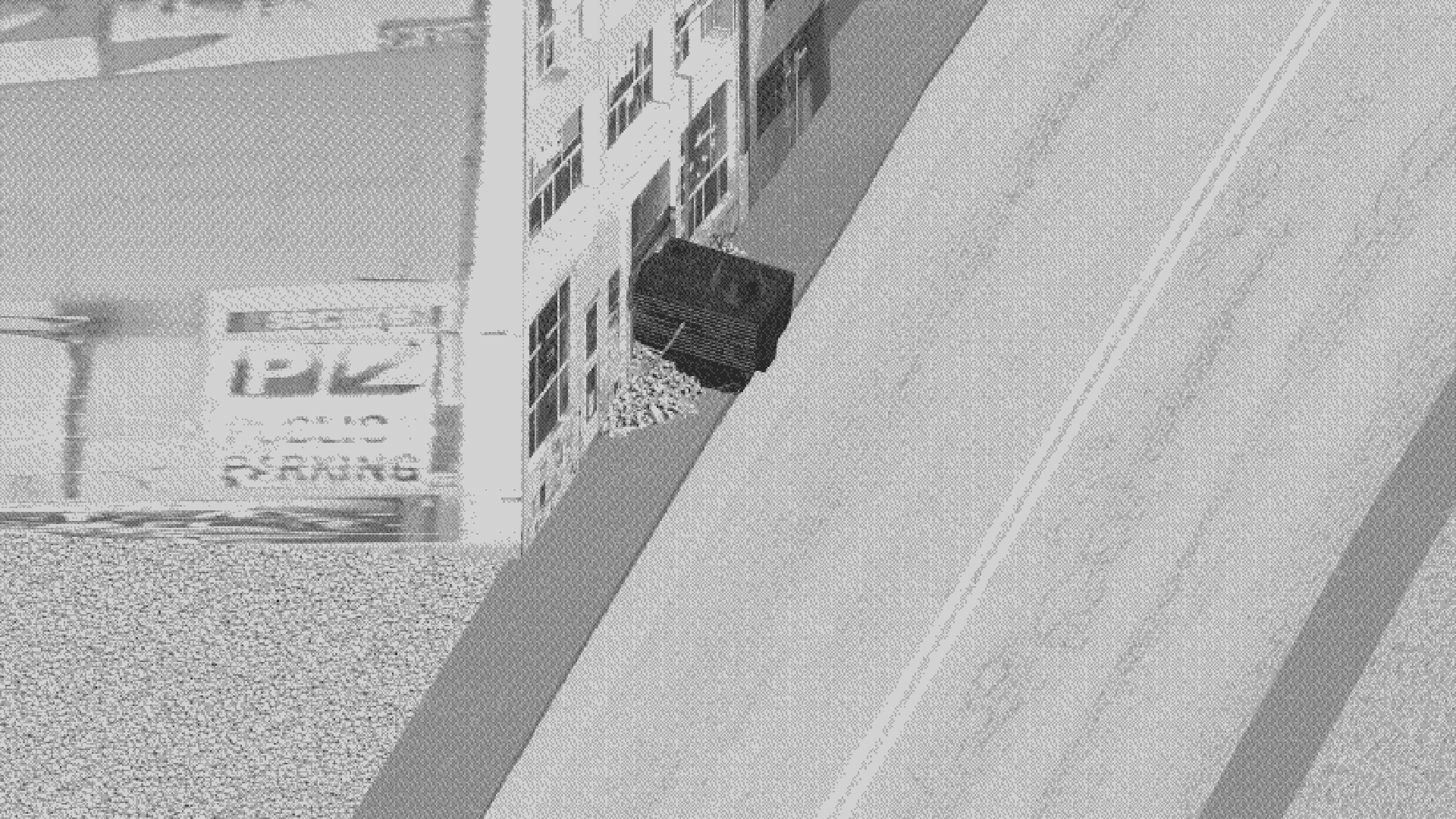 A black and white, low-res animation of a tank driving into the front of 13 Garrett Street