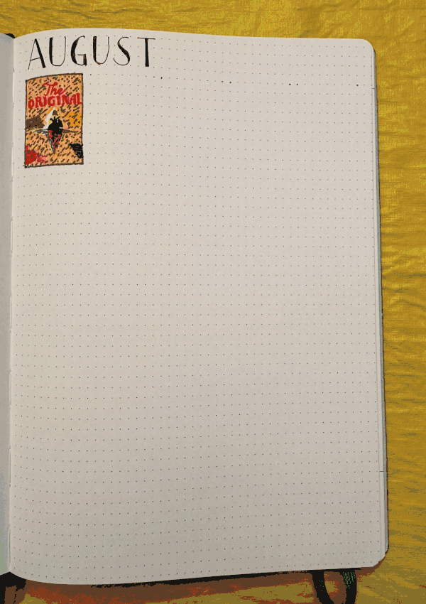 An animated gif of a dotted notebook page with "AUGUST" written in the upper left corner. Each frame of the gif adds one more hand-drawn illustration of a book cover, filling in rows of 5 across the page.