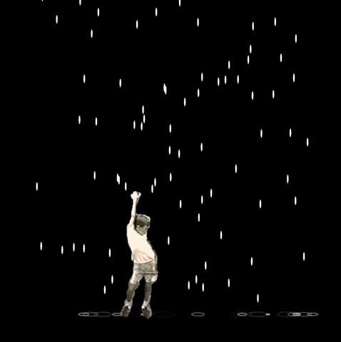 Animated image of a boy freeform dancing over a background of black and white rain.