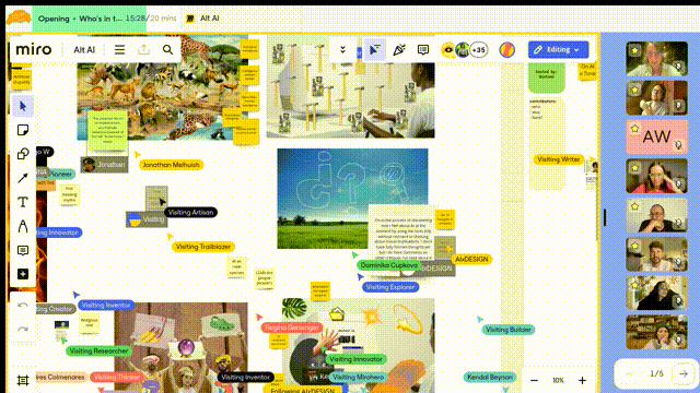 Slow AI Research Rendezvous 1.1, community Miro board scene with contributors clustering ideas together