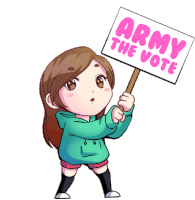 Gif mostra animação de uma pessoa de cabelos compridos e blusa estilo hoodie verde segura um cartaz um o texto: Army the vote