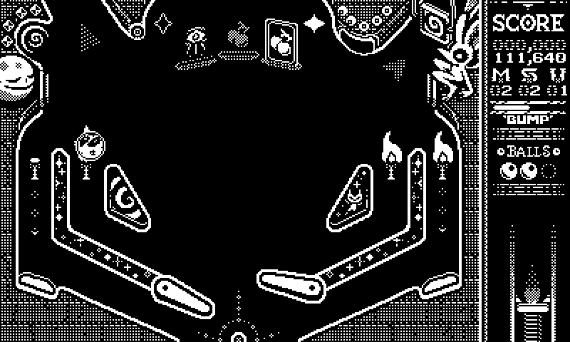 Animated gameplay of the monochromatic pinball videogame Devils on the Moon.