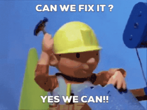 An animated GIF showing Bob the Builder hammering a nail into a metal roof shingle.