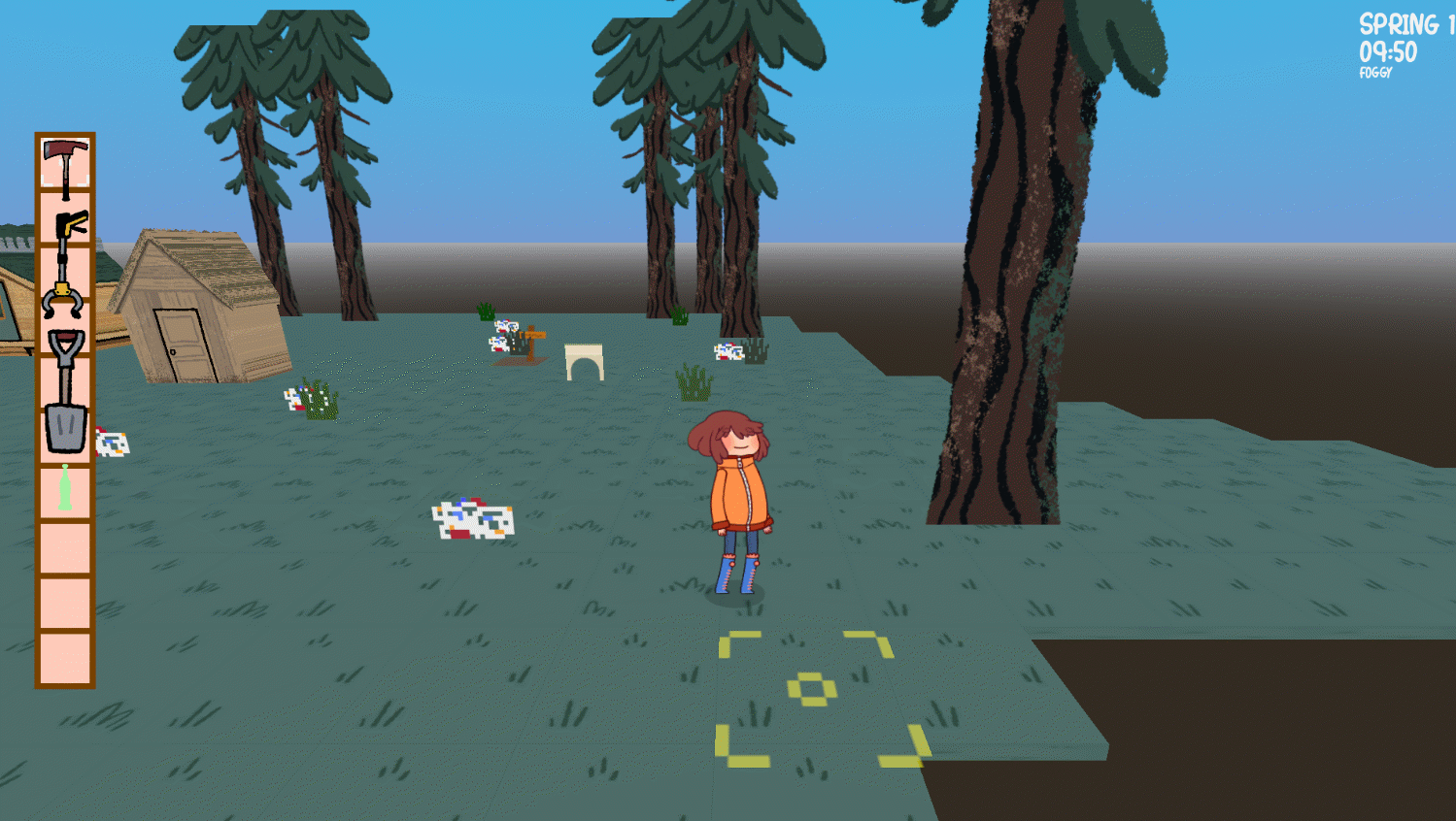 The player demonstrates targeting and tool use: pulaski to make trails, trash picker to clean up litter, shovel to dig up invasive plants.